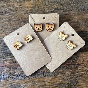 Set of 3 homemade wood earrings cats bears campers